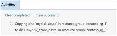 Captura de pantalla del Explorador de Azure Storage que resalta la ubicación del panel Activities (Actividades) que contiene los mensajes de estado de copia y pegado.