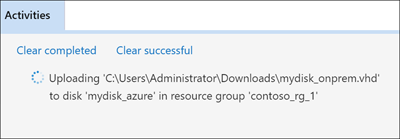 Captura de pantalla del Explorador de Azure Storage que resalta la ubicación del panel Activities (Actividades) que contiene los mensajes de estado de carga.