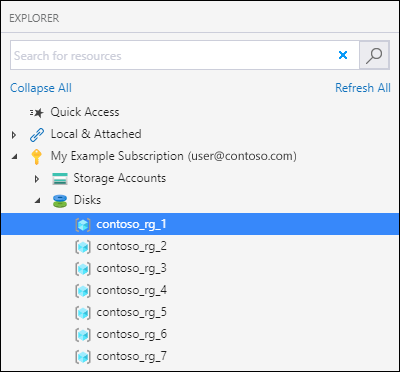 Captura de pantalla del Explorador de Azure Storage que resalta la ubicación del nodo Discos para cargar un disco.