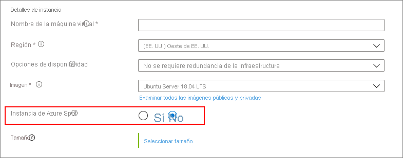 Captura de pantalla para elegir No, no usar una instancia de Azure Spot