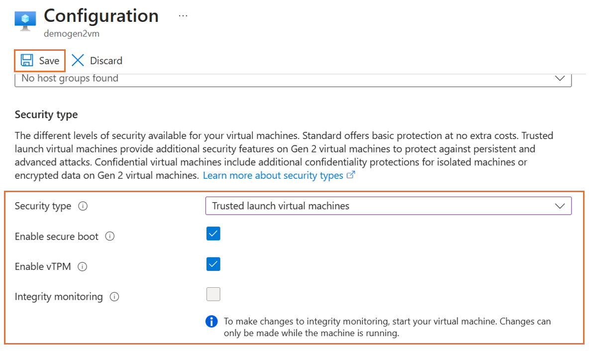 Captura de pantalla de la configuración de Arranque seguro y vTPM.