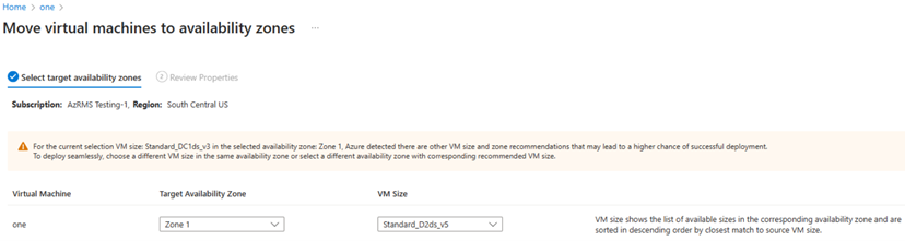 Captura de pantalla en la que se muestra la recomendación de Azure para aumentar el tamaño de la máquina virtual.