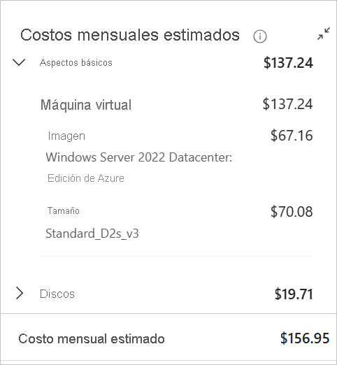 Screenshot of Windows virtual machine estimated cost on creation page in the Azure portal.