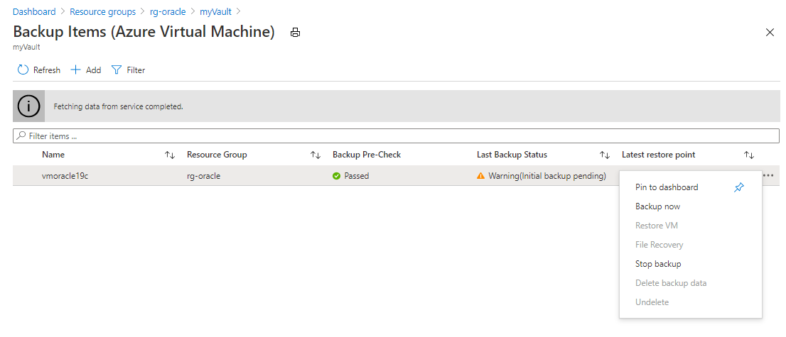 Captura de pantalla que muestra el comando para realizar copias de seguridad del almacén de Recovery Services ahora.