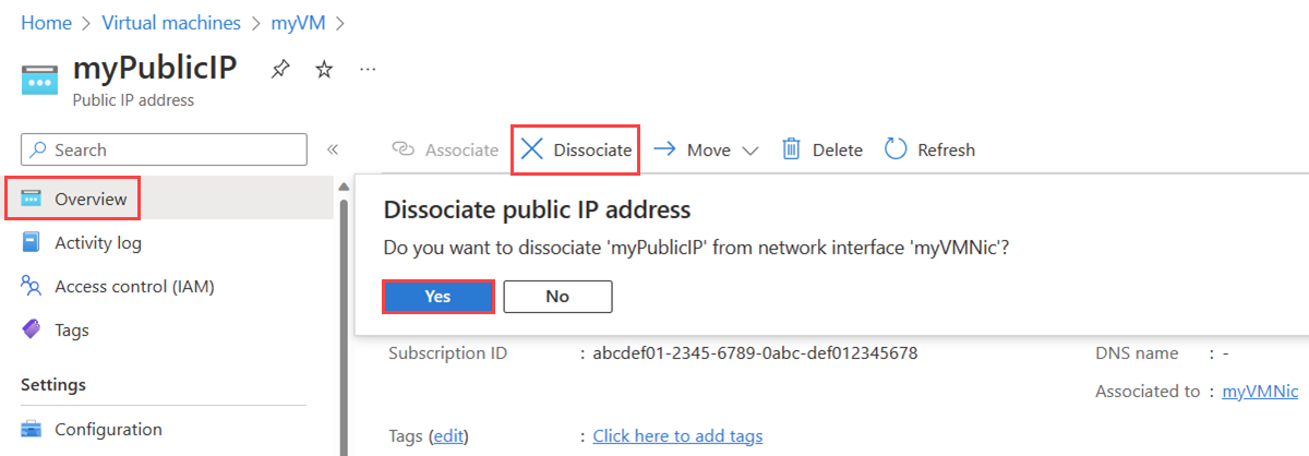 Captura de pantalla de la página Información general de un recurso de dirección IP pública en la que se muestra cómo desasociarla de la interfaz de red de una máquina virtual.