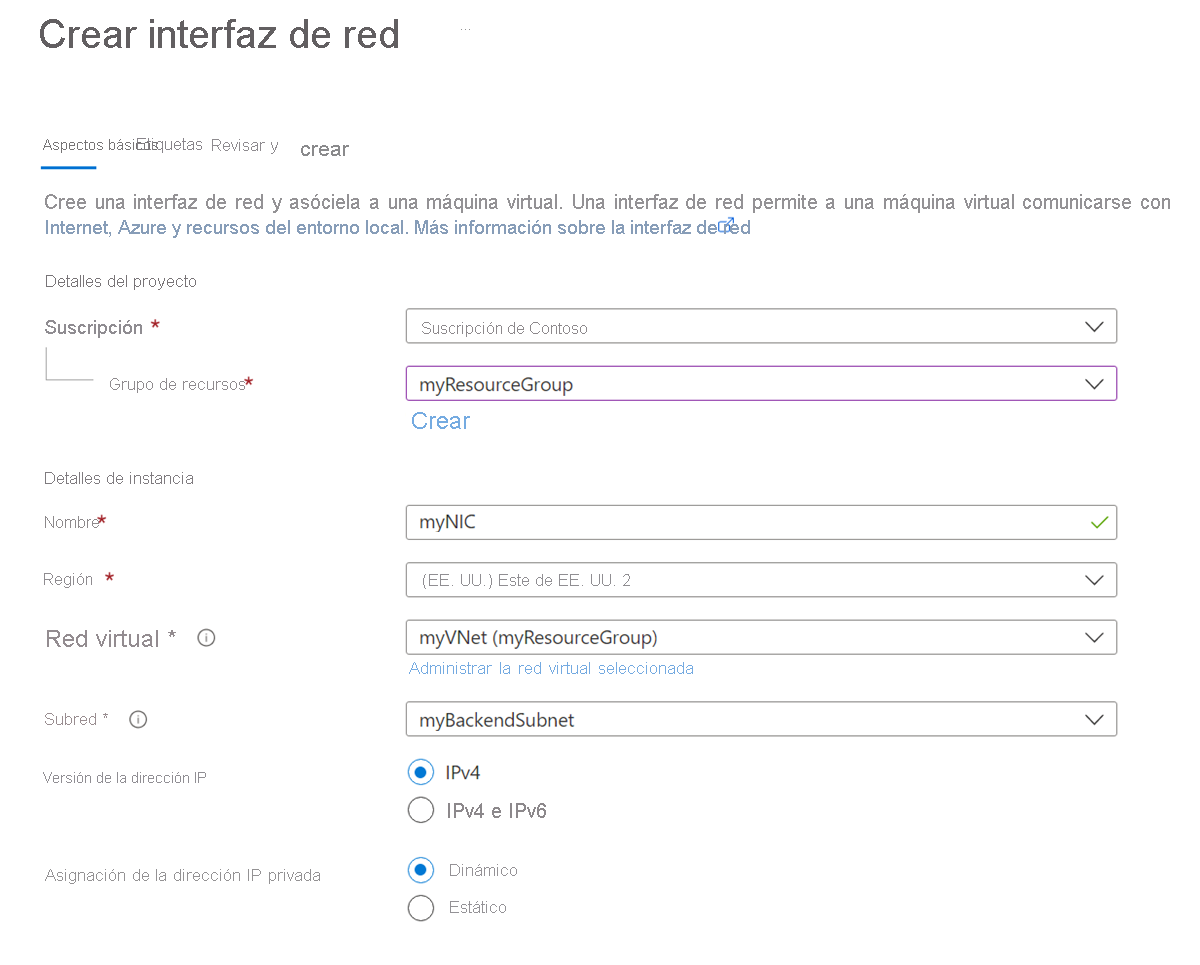 Captura de pantalla de Crear una pantalla de interfaz de red en el Azure Portal.