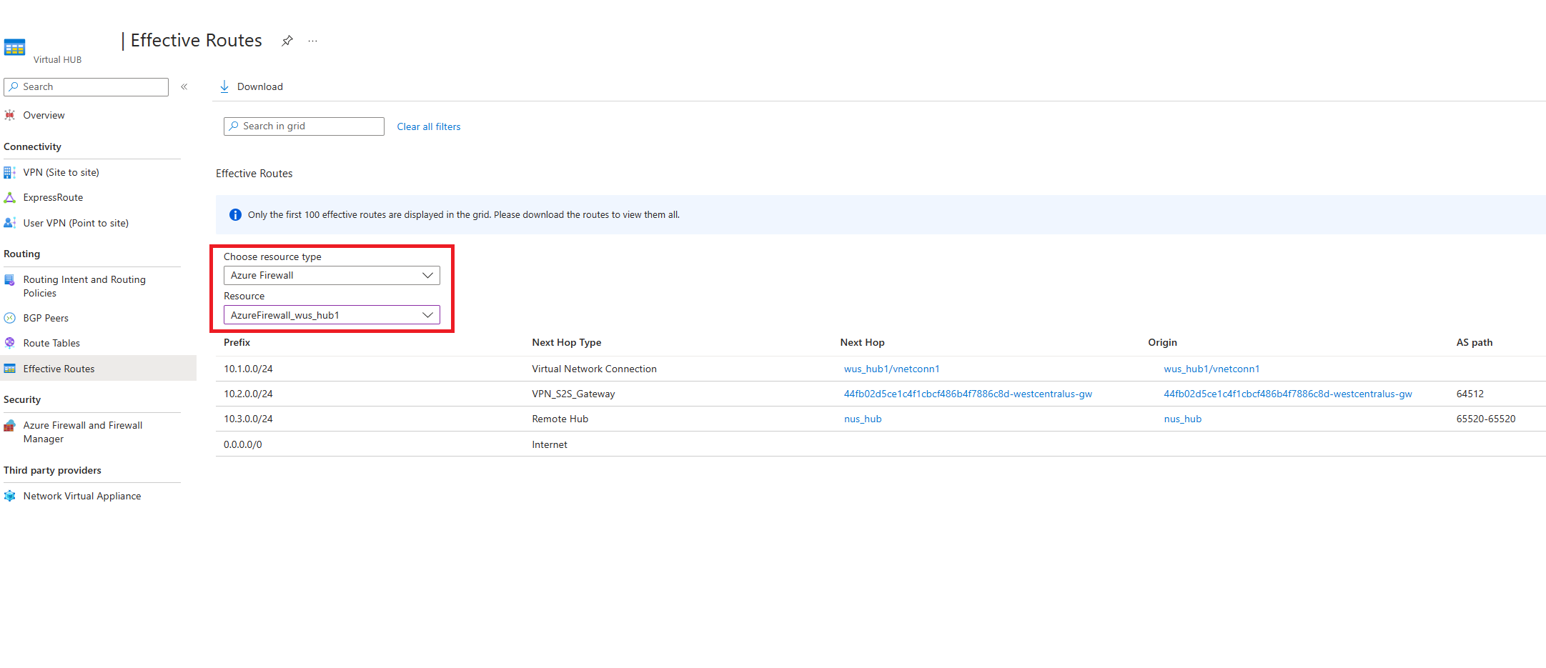 Captura de pantalla que muestra las rutas eficaces para Azure Firewall.