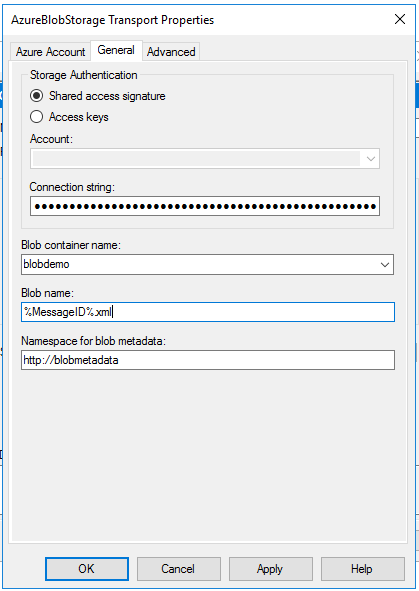 Propiedades generales del adaptador de envío de Azure Blob Storage en BizTalk Server
