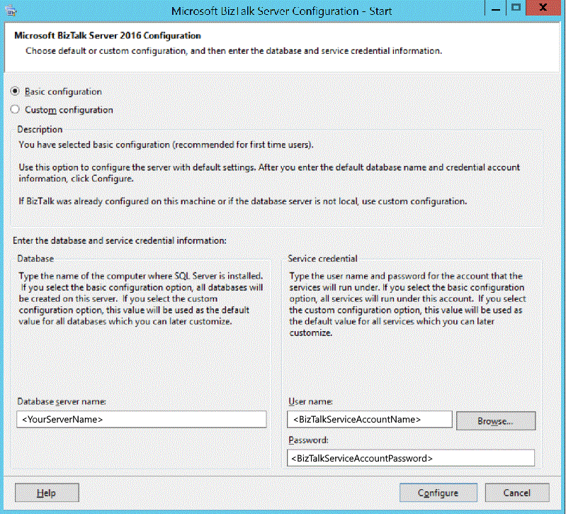 Escriba el nombre de usuario y la contraseña para una configuración básica de BizTalk Server