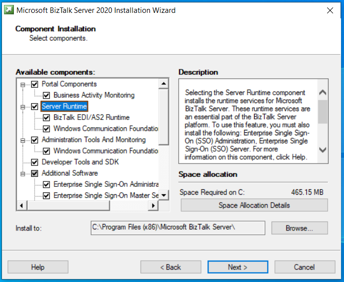 Elija los componentes de BizTalk Server que desea instalar.