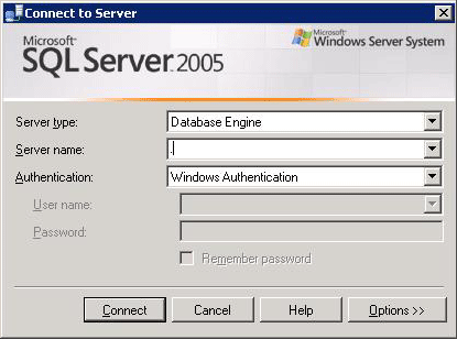 pantalla de inicio de sesión de administración de SQL Server