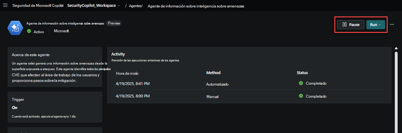 Pausar o ejecutar el agente