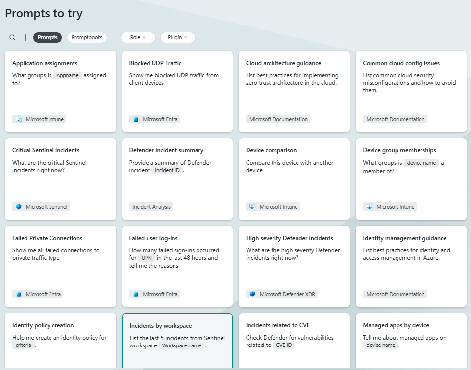 Captura de pantalla de las solicitudes para probar en Security Copilot.