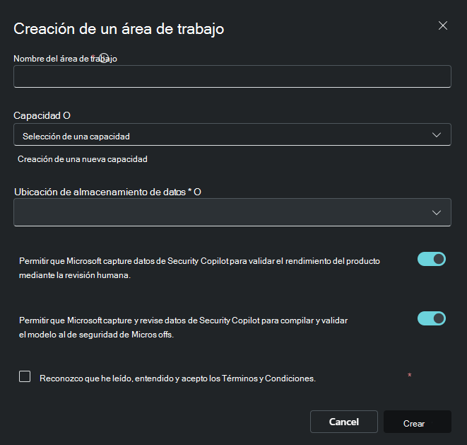 Imagen de la creación de un área de trabajo.