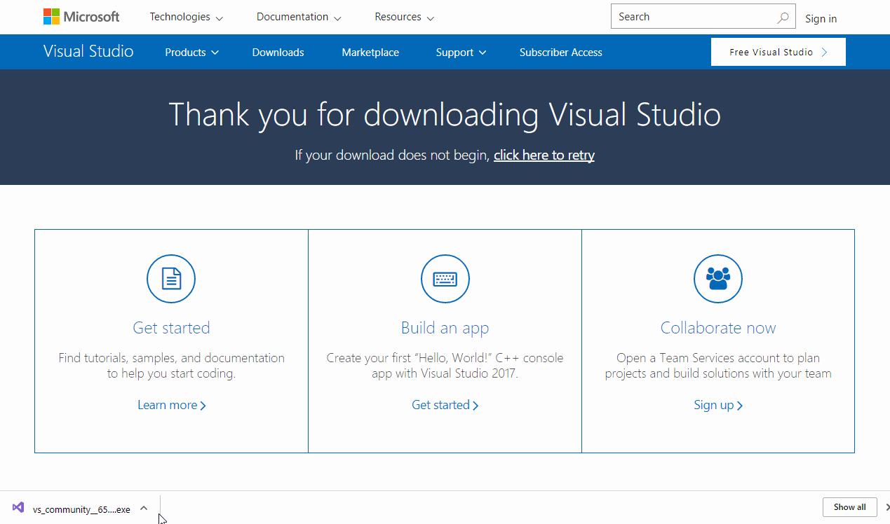 Animación que muestra el Instalador de Visual Studio.