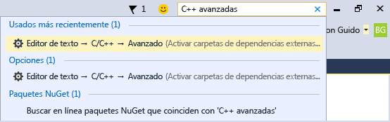 Inicio rápido Captura de pantalla del cuadro de búsqueda Inicio rápido. Muestra la búsqueda de C++ avanzada, lo que da como resultado opciones para el editor de texto.