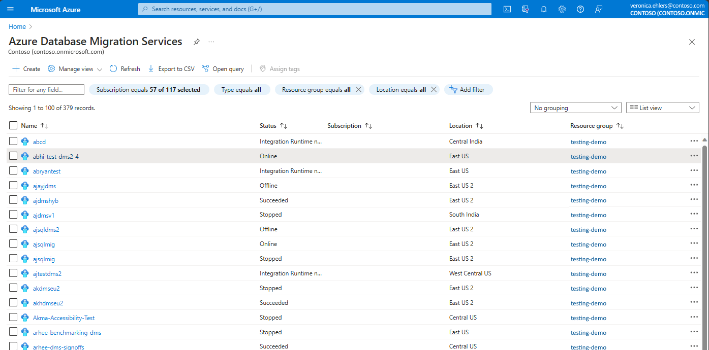 Captura de pantalla que muestra la opción de creación de Database Migration Service.