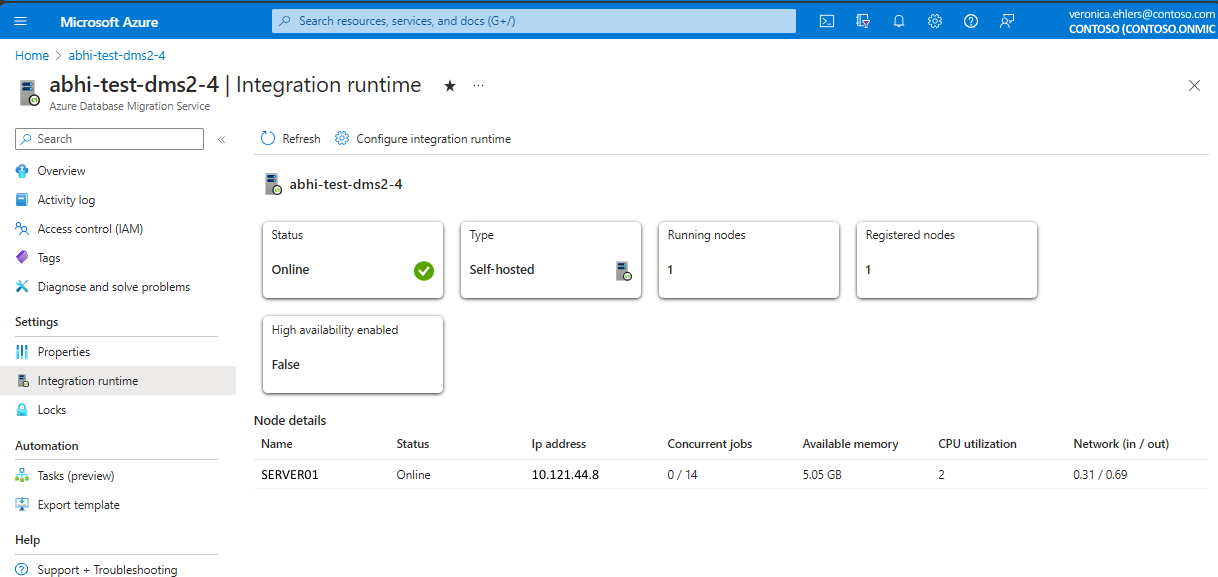 Captura de pantalla que resalta el estado SHIR en Azure Portal.