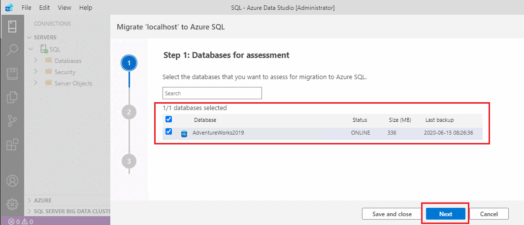 Captura de pantalla que muestra la selección de una base de datos para la evaluación.