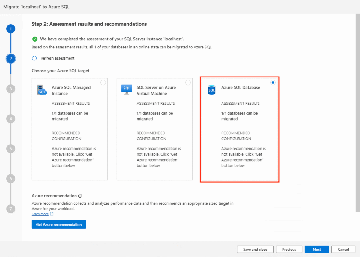 Captura de pantalla que muestra la selección del destino de Azure SQL Database.