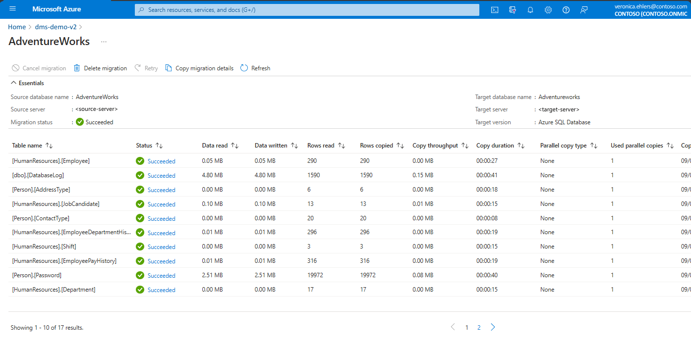 Captura de pantalla que muestra la migración correcta.