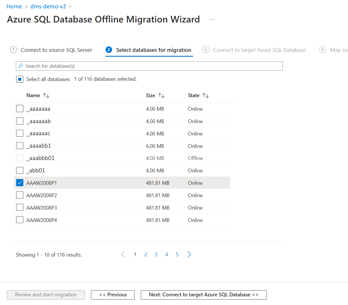 Captura de pantalla que muestra la lista de bases de datos del origen.