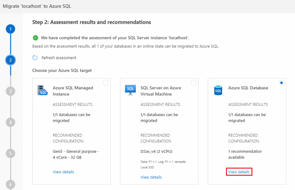 Captura de pantalla que muestra el vínculo Ver detalles de las recomendaciones de base de datos de destino.