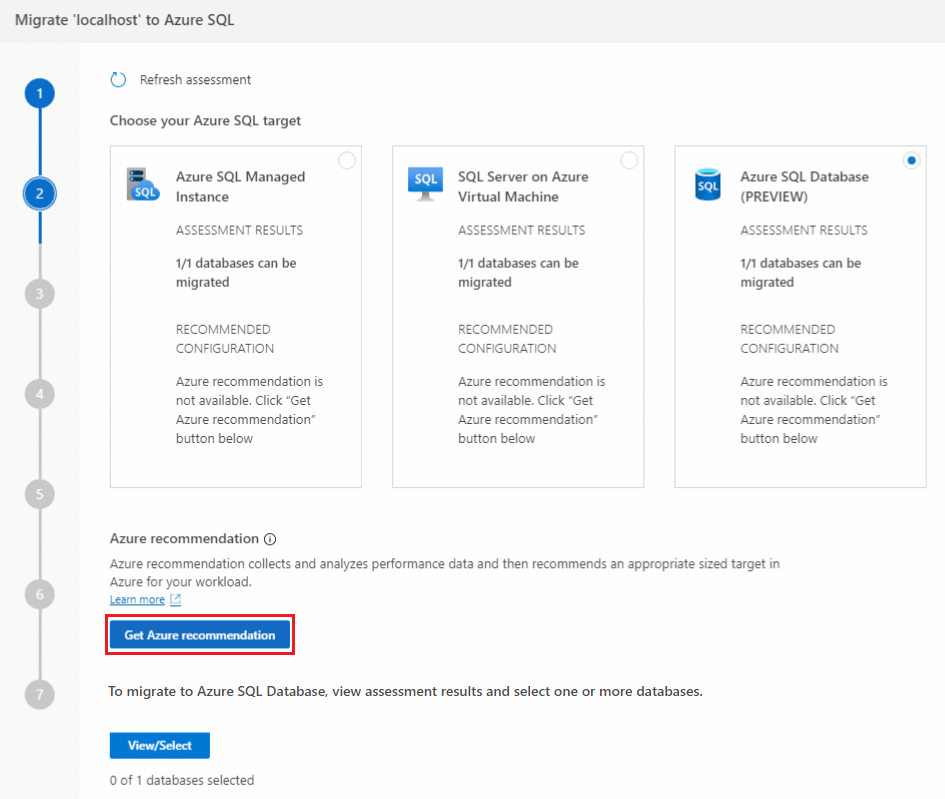 Captura de pantalla que muestra las recomendaciones de Azure.