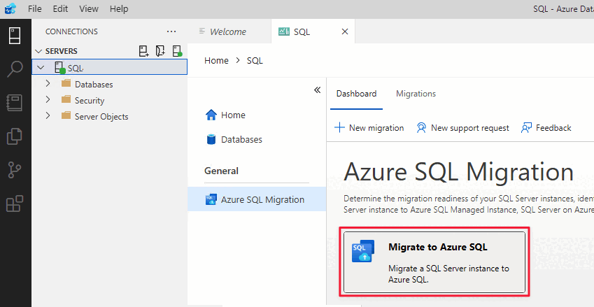 Captura de pantalla que muestra el Asistente para la migración a Azure SQL.