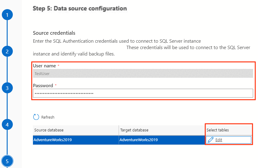 Captura de pantalla que muestra las credenciales de SQL Server de origen.