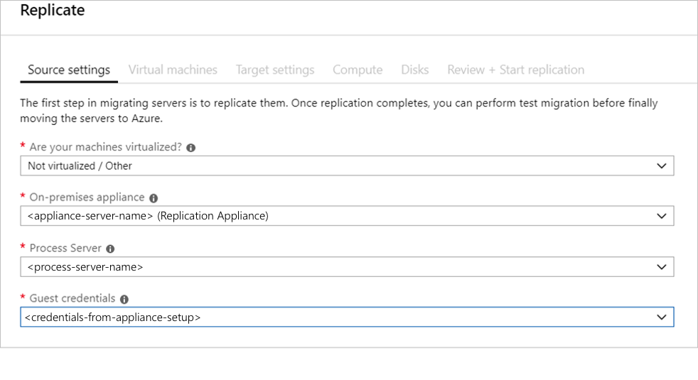 Captura de pantalla de la pestaña Configuración de origen en la pantalla Replicar con el campo Credenciales de invitado resaltado.