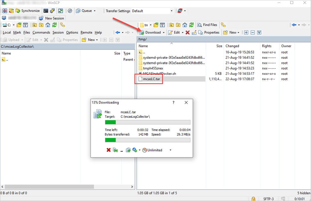 Captura de pantalla de la descarga del recopilador de registros en un equipo Windows.