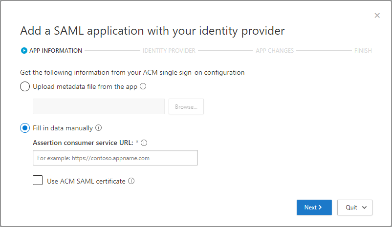Captura de pantalla que muestra el área INFORMACIÓN DE LA APLICACIÓN del cuadro de diálogo Agregar una aplicación SAML con el proveedor de identidades.