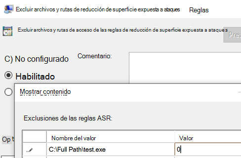 Captura de pantalla de la exclusión de archivos de reglas de ASR.