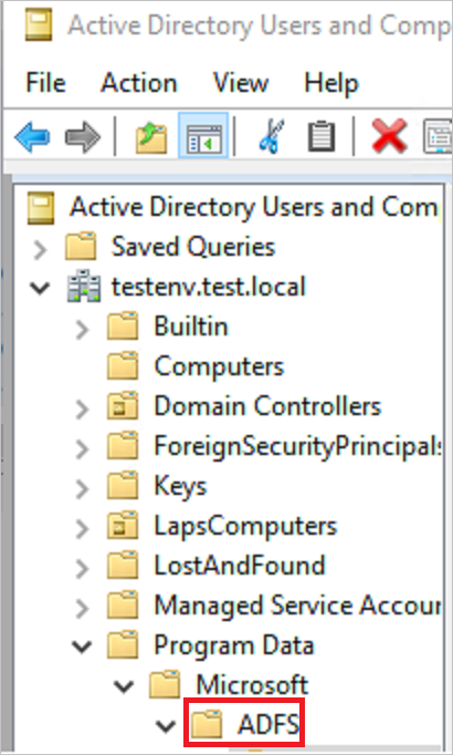 Captura de pantalla de un contenedor para Servicios de federación de Active Directory (AD FS).