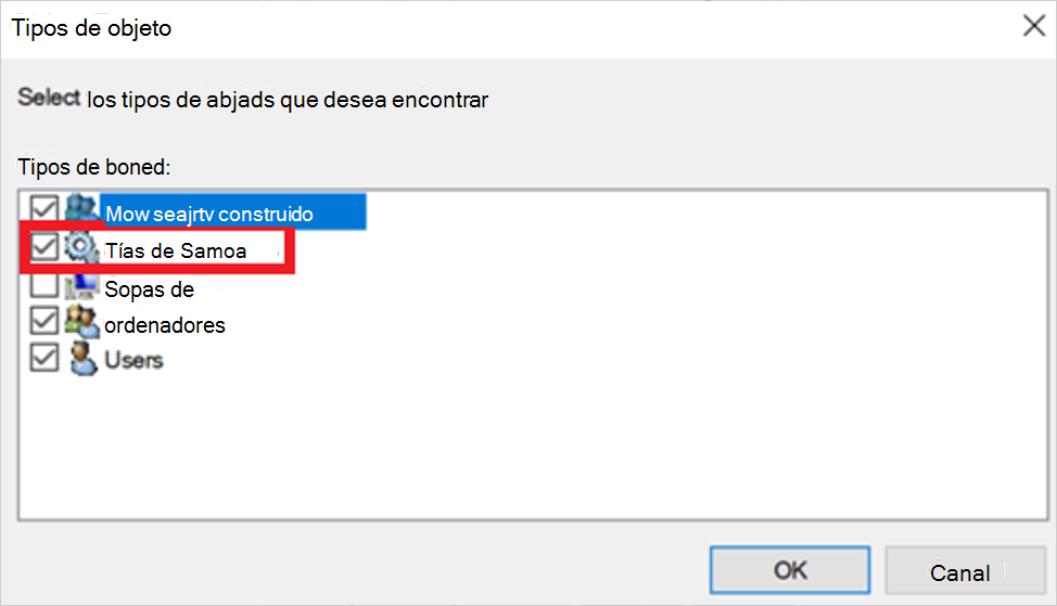Captura de pantalla de la selección de cuentas de servicio como tipos de objeto.