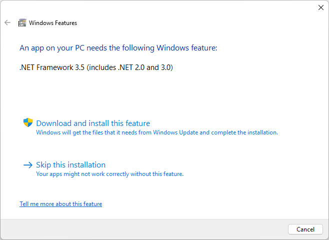 Captura de pantalla del cuadro de diálogo de instalación de .NET Framework.