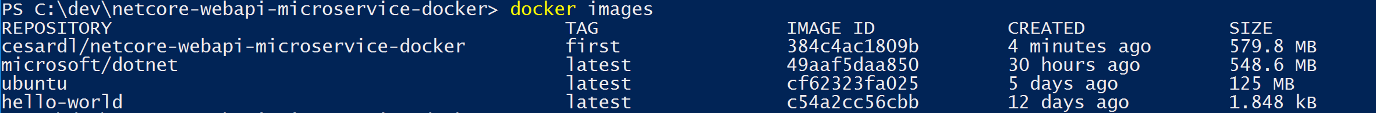 Salida de consola del comando docker images, que muestra las imágenes existentes en la consola.