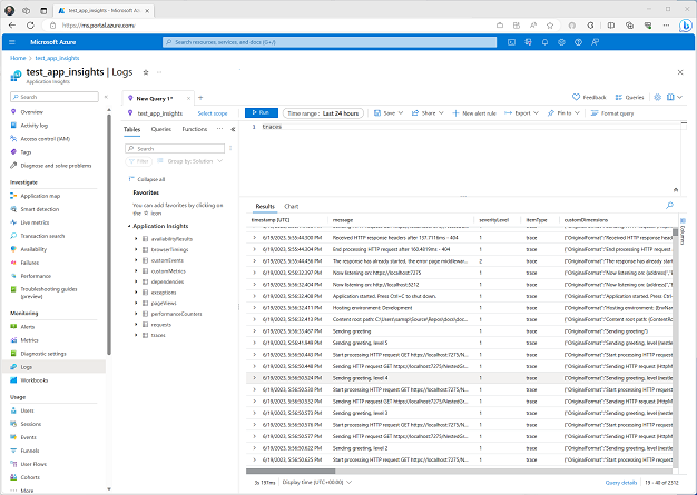 Vista de registros de App Insights