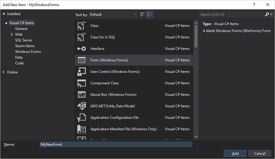 Cuadro de diálogo Agregar elemento en Visual Studio para Windows Forms