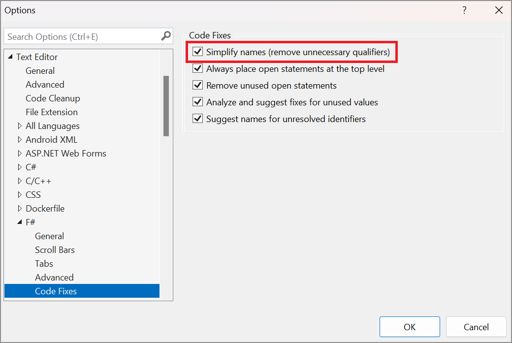 Interfaz de usuario de opciones de herramientas en Visual Studio en la que se muestran las opciones del editor de texto de F#.