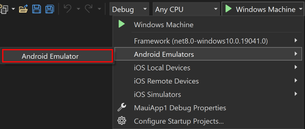 Seleccione el destino de depuración de Android Emulator para .NET MAUI.