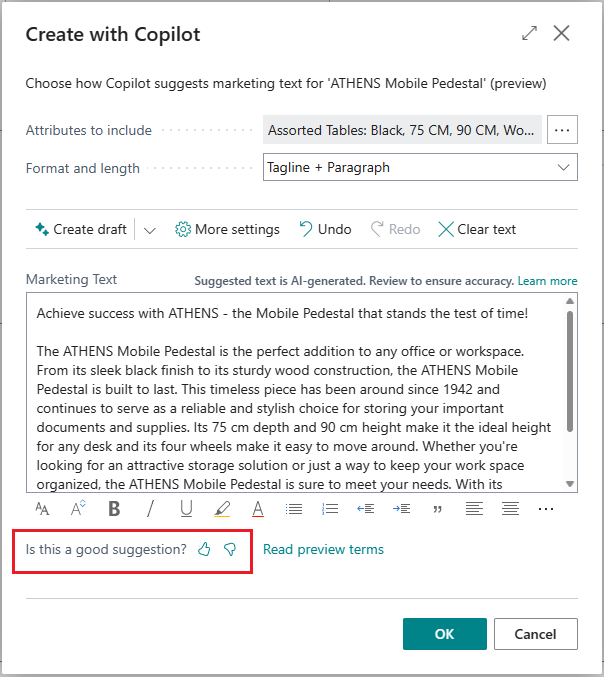 Muestra una tarjeta de producto con panel de texto de marketing
