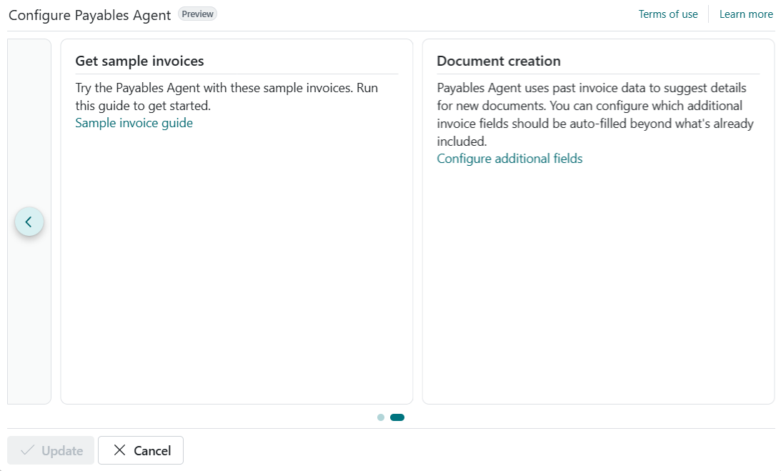 Muestra la segunda página del asistente de configuración del Agente de pagos