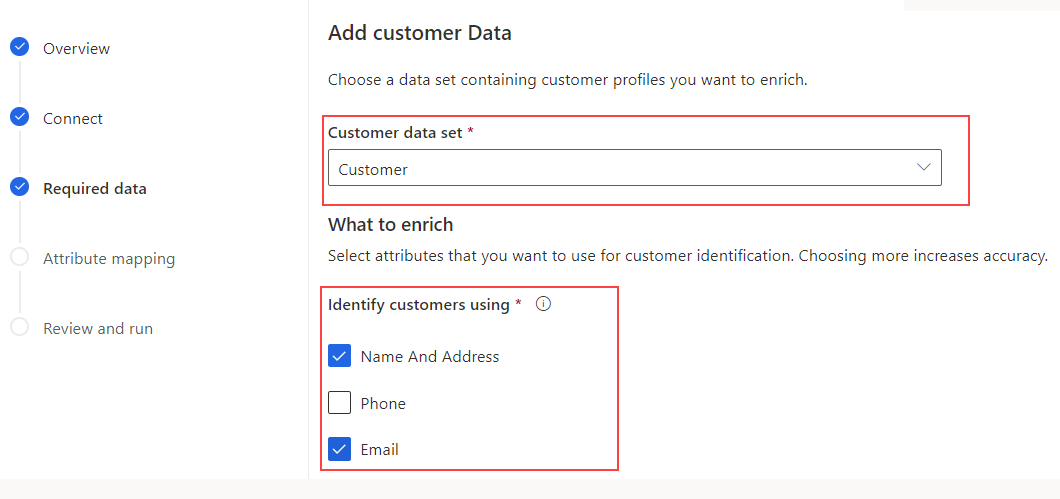 Captura de pantalla cuando se elige el conjunto de datos del cliente.
