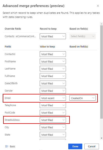 Panel de preferencias de combinación avanzadas con el correo electrónico más reciente y la dirección completa