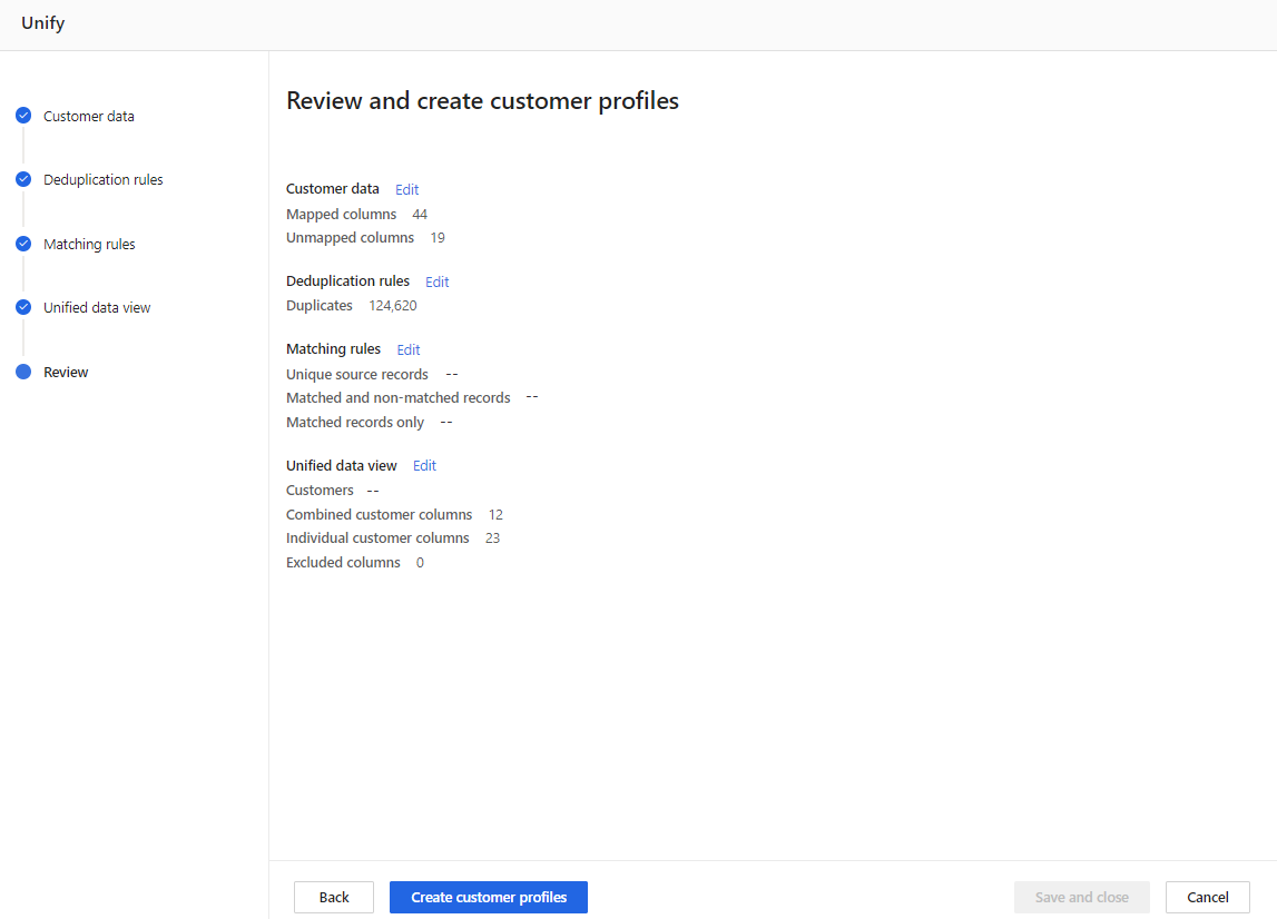 Captura de pantalla de Revisar y crear perfiles de cliente