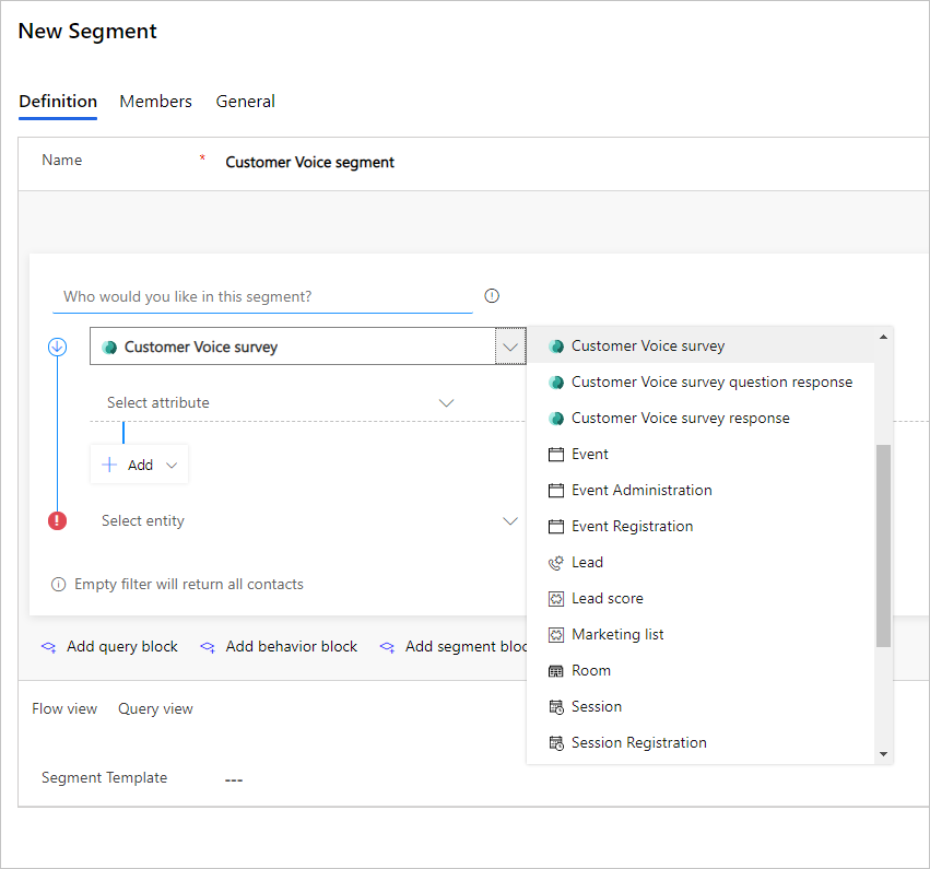 Segmento basado en perfil de Dynamics 365 Customer Voice.