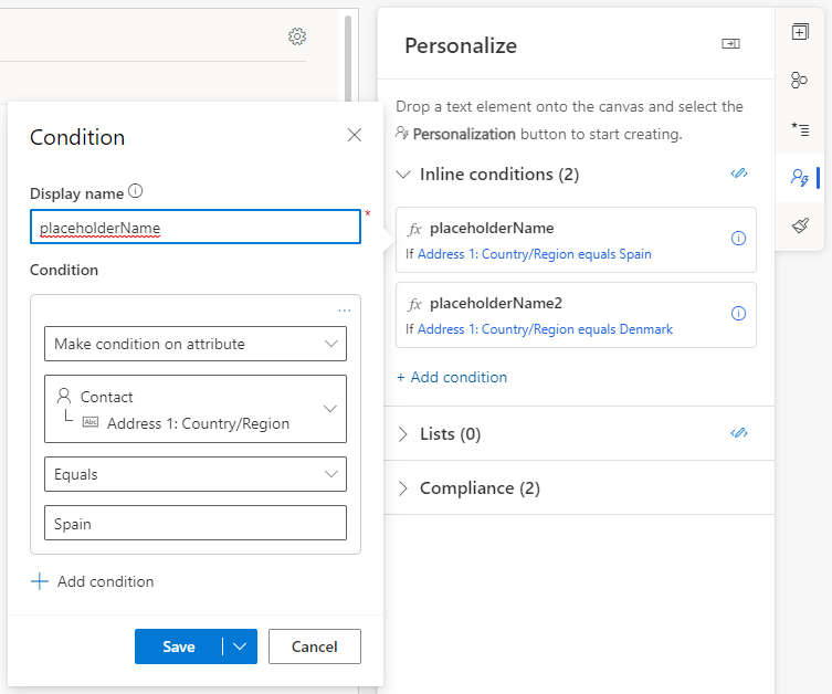 Captura de pantalla que muestra la configuración de marcador de posición.