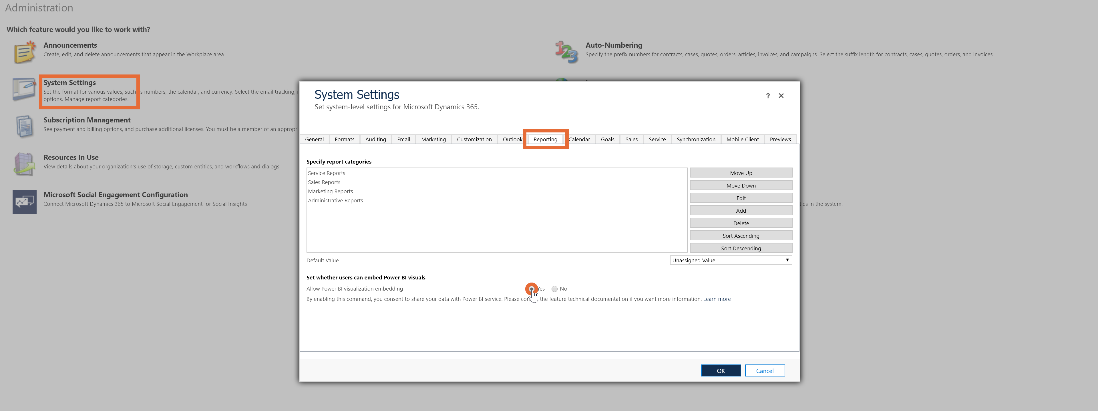 Instalación de la aplicación Customer Service: habilitar Power BI.